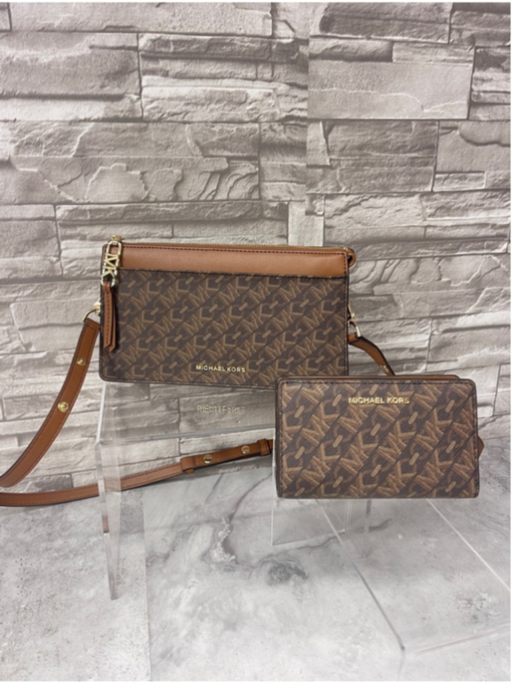 Michael Kors Brown Empire Pouchete & Matching Wallet